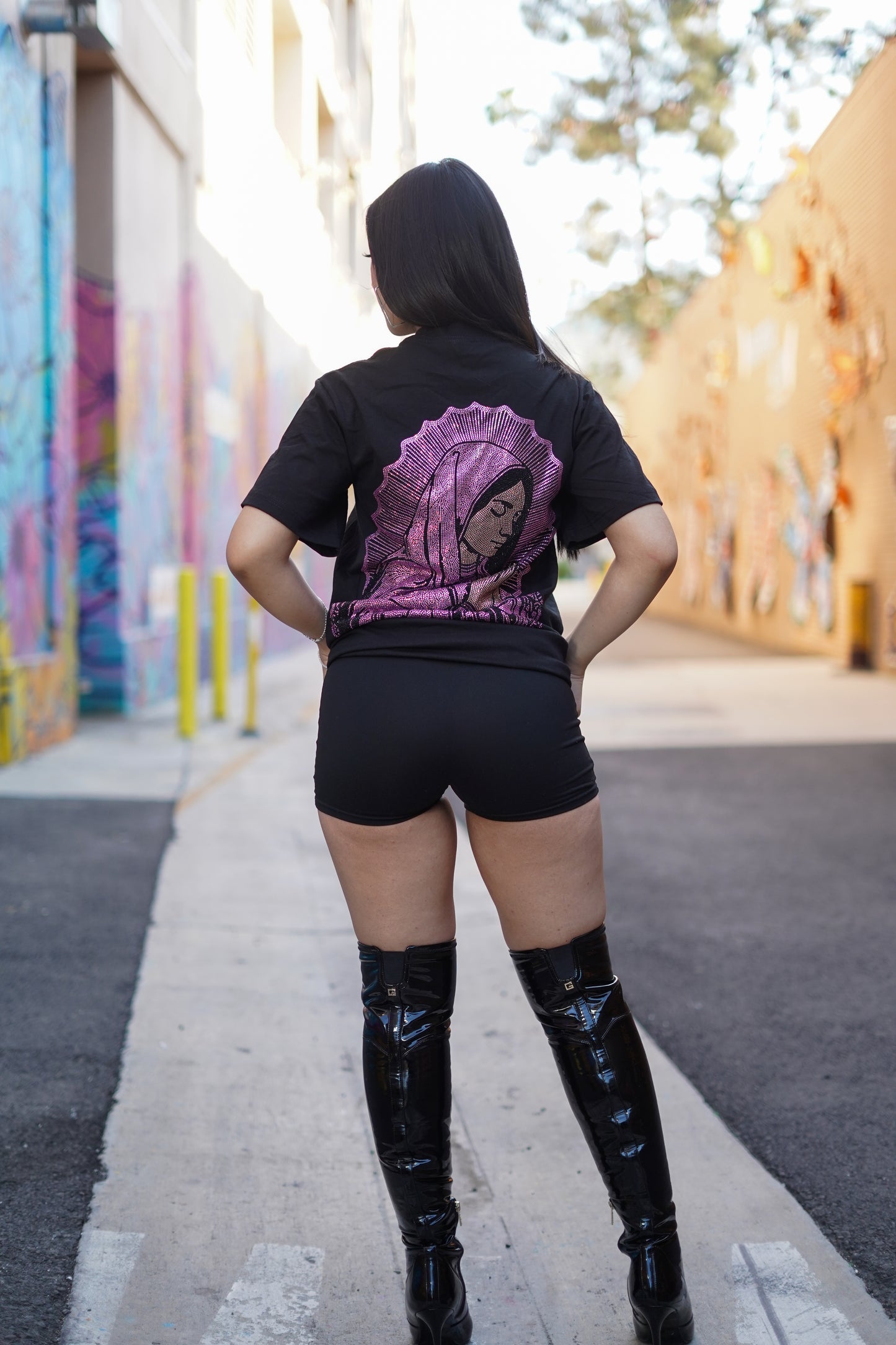 PINK VIRGIN MARY RHINESTONE T SHIRT UNI-SEX