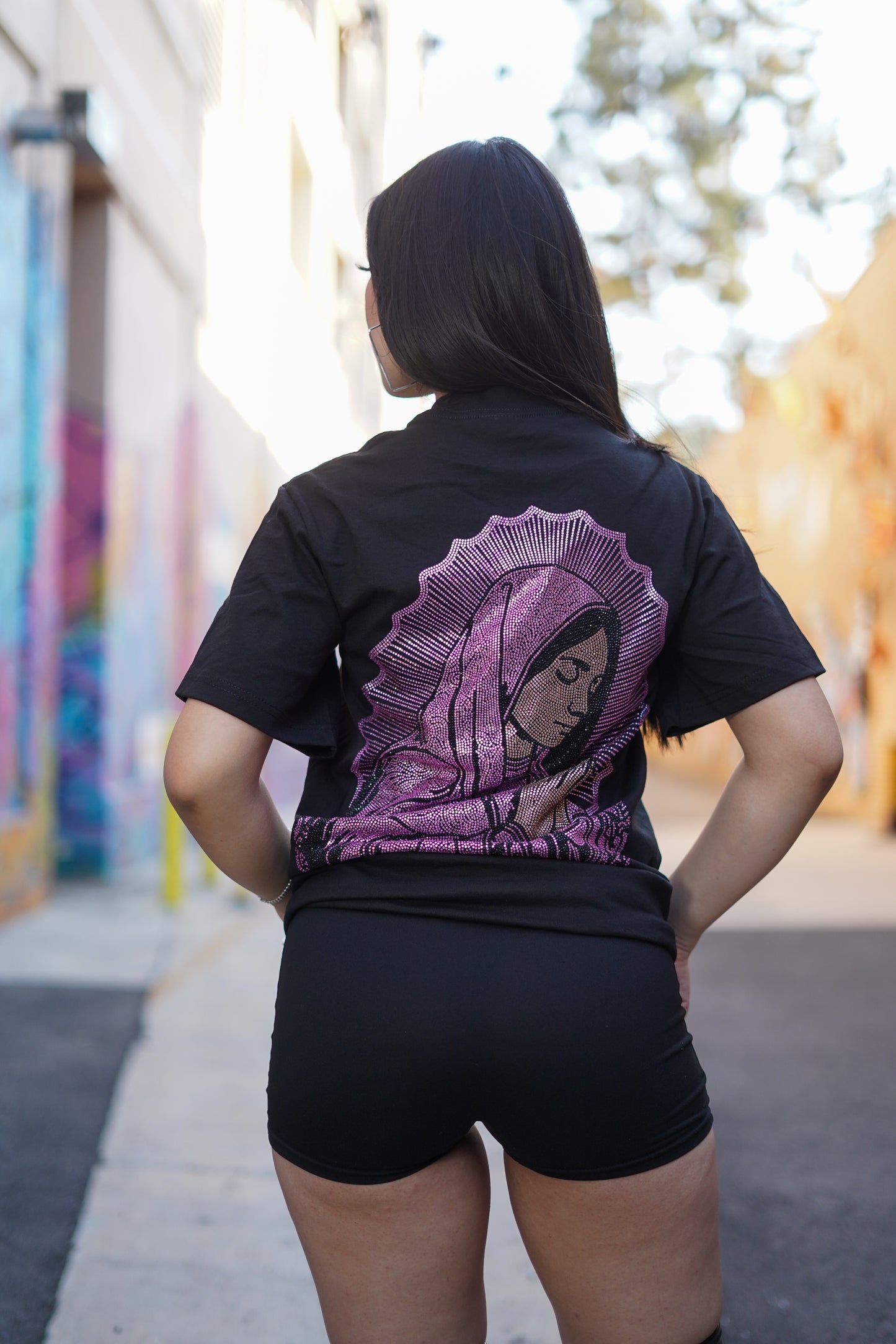 PINK VIRGIN MARY RHINESTONE T SHIRT UNI-SEX