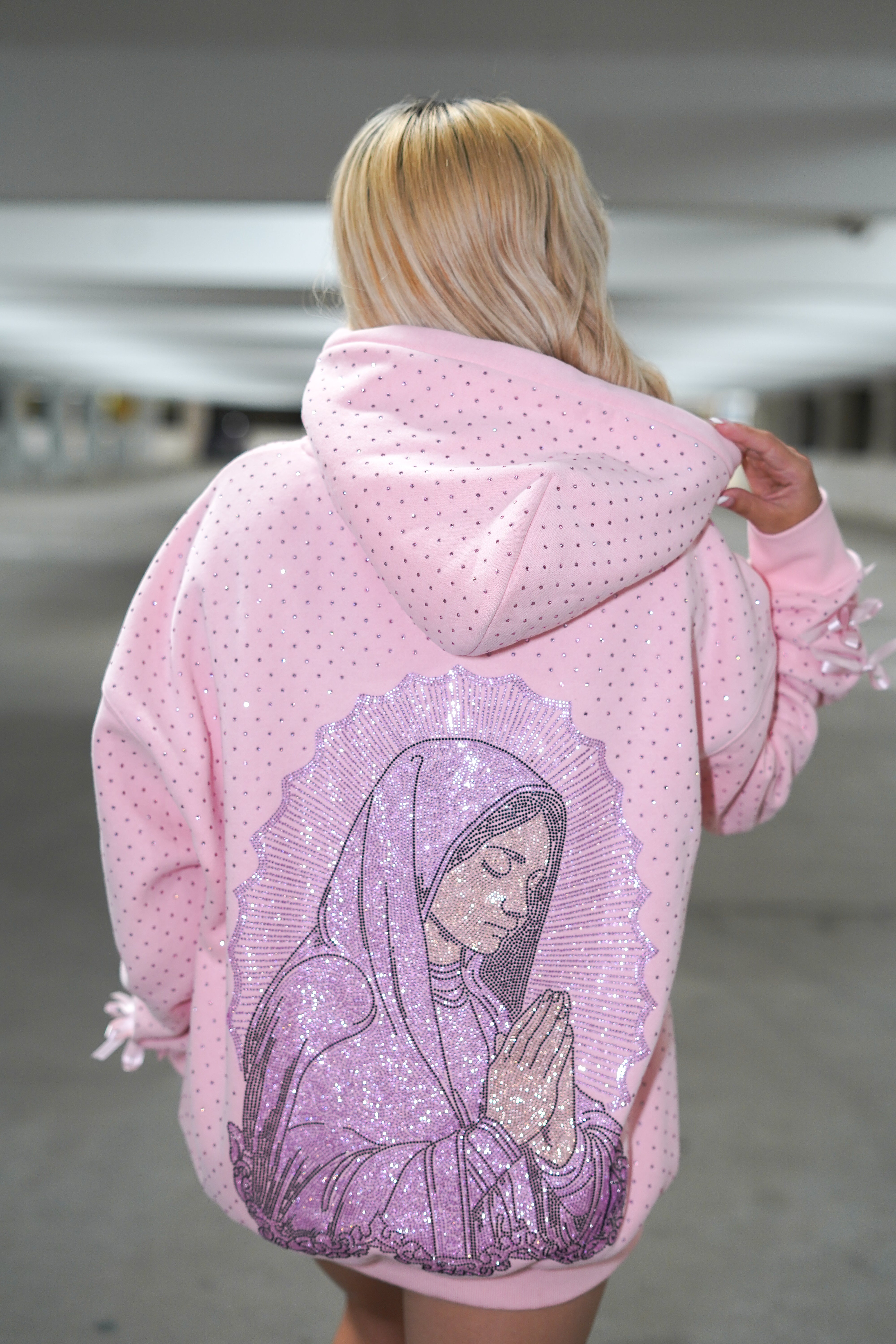 Pink Virgin Mary Rhinestone Hoodie – Puro Desmadre Brand