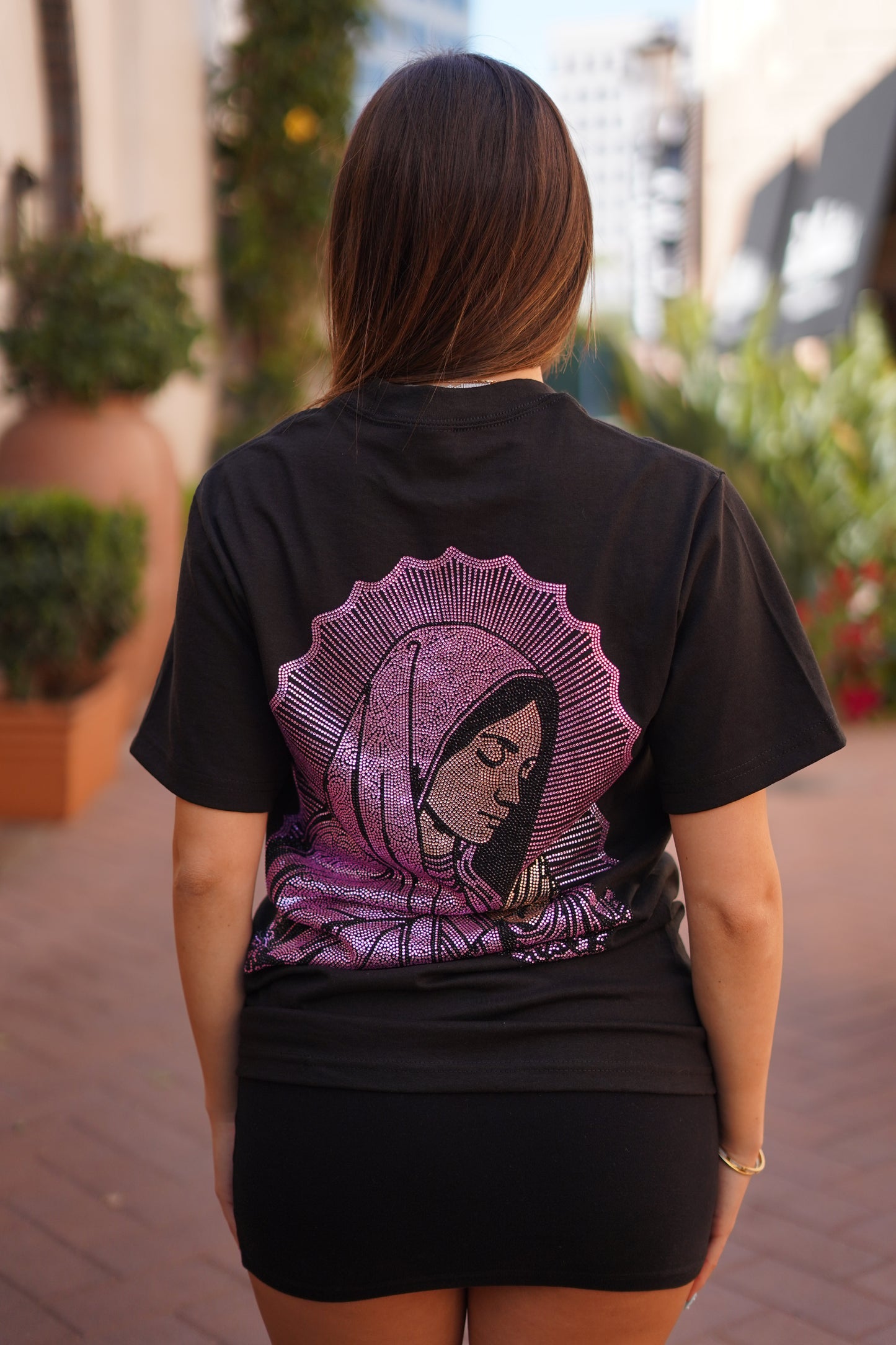 PINK VIRGIN MARY RHINESTONE T SHIRT UNI-SEX
