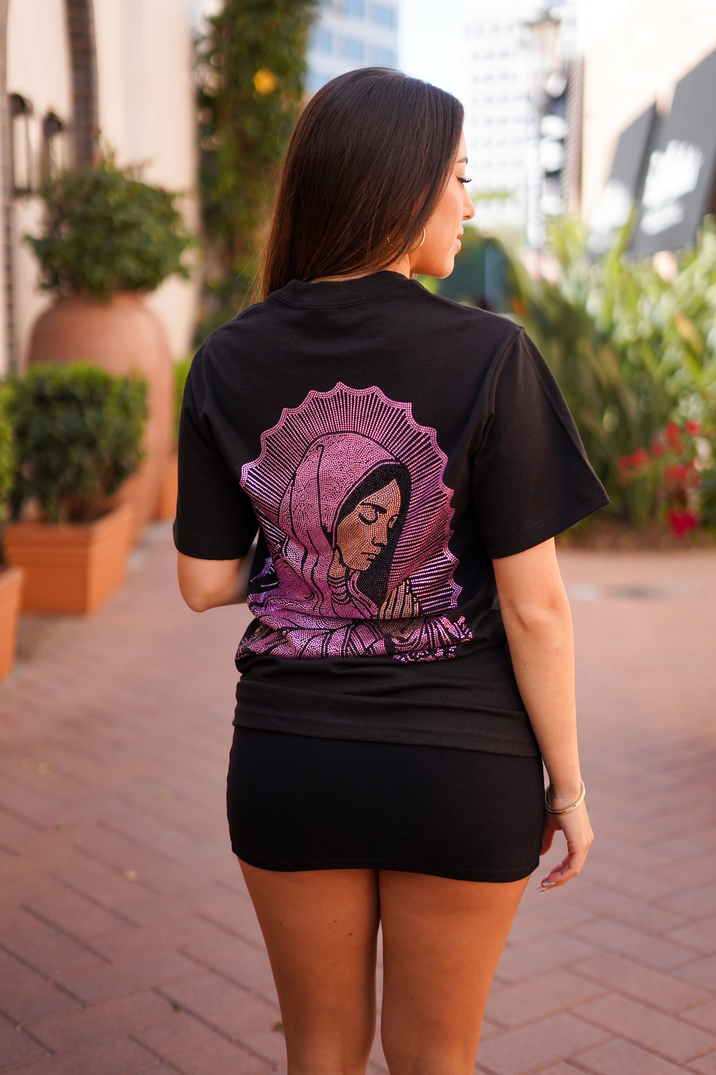 PINK VIRGIN MARY RHINESTONE T SHIRT UNI-SEX