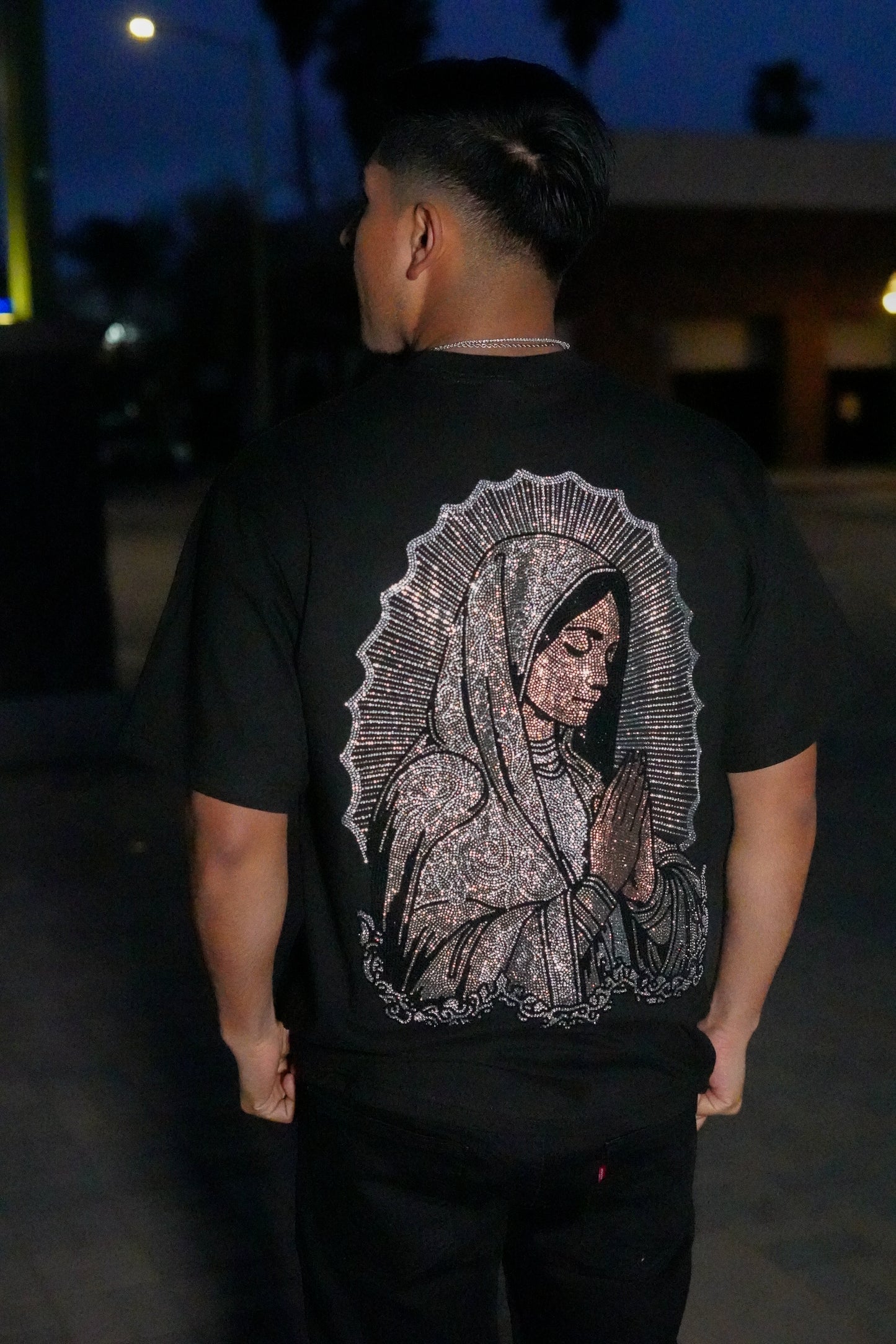 GREY VIRGIN MARY RHINESTONE T SHIRT UNI-SEX