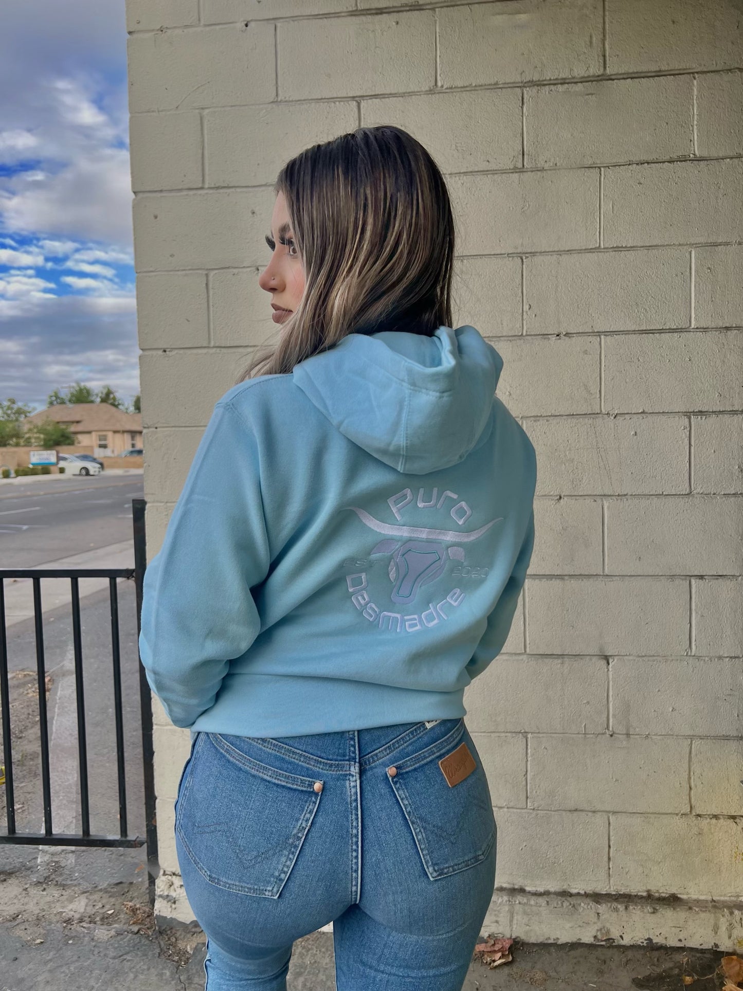 Puro Desmadre Baby Blue Hoodie - embroidered