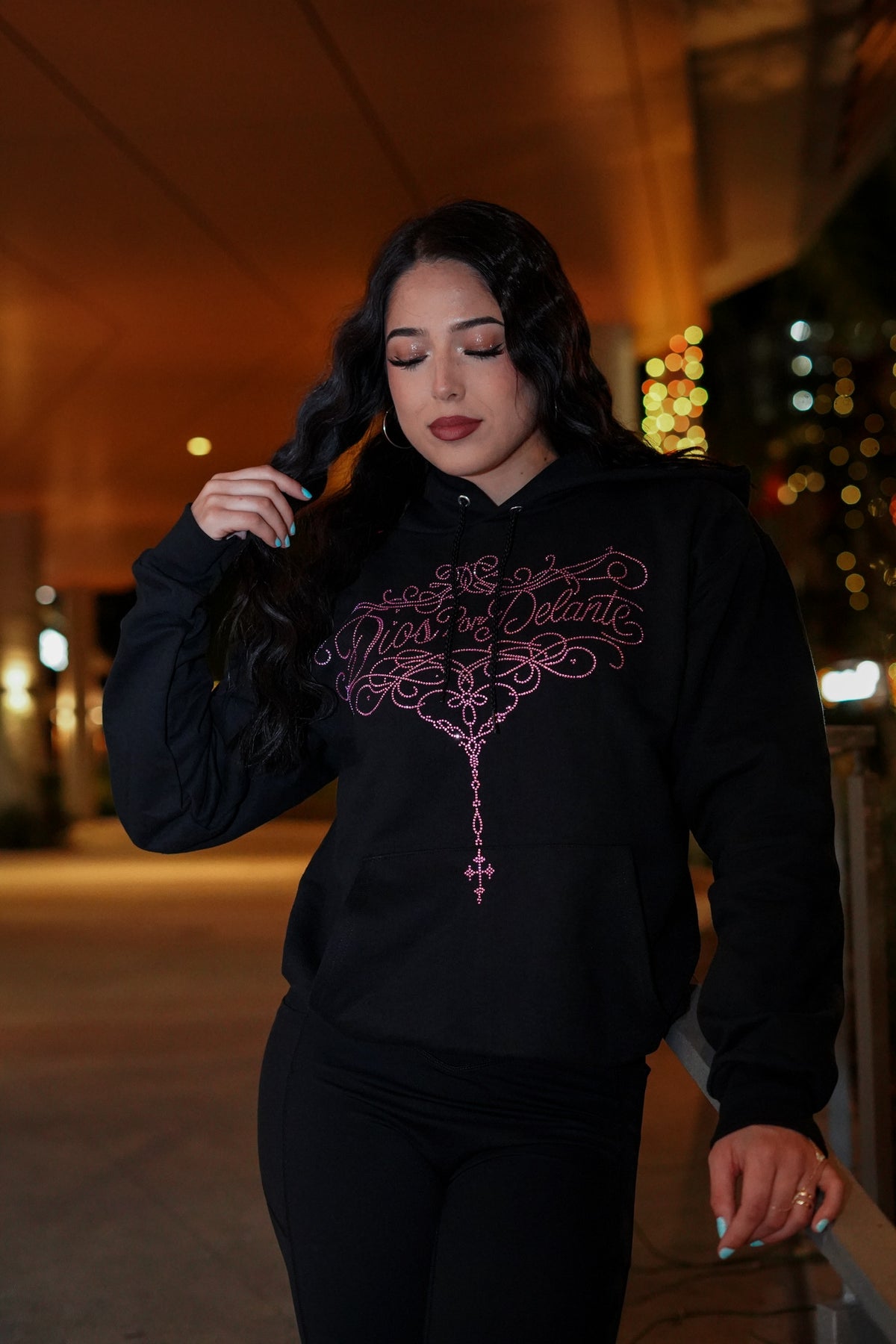 Dios Por Delante Pink Rhinestone Hoodie
