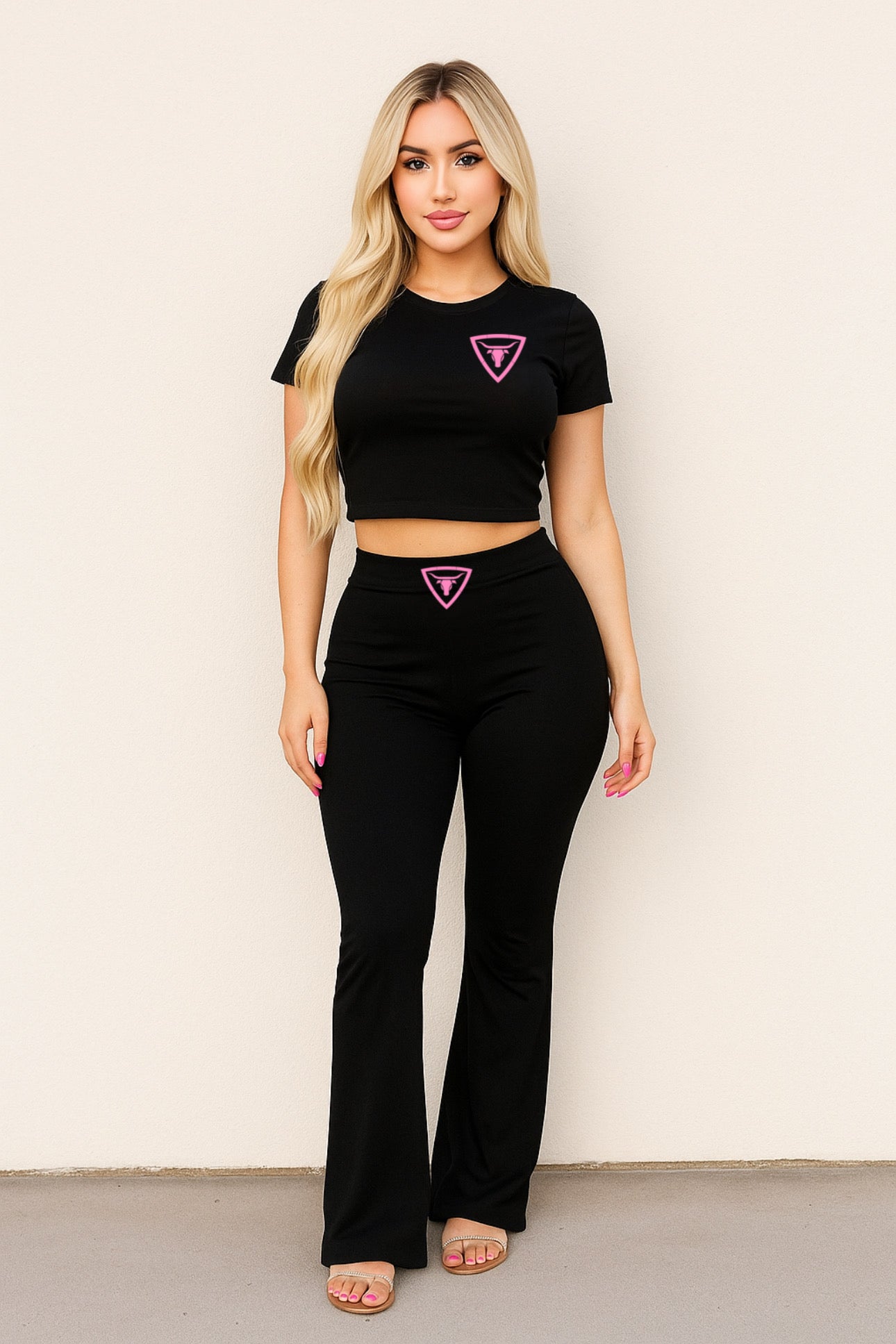 FOLDOVER FLARE LEGGING SET WITH CROP TOP BLACK